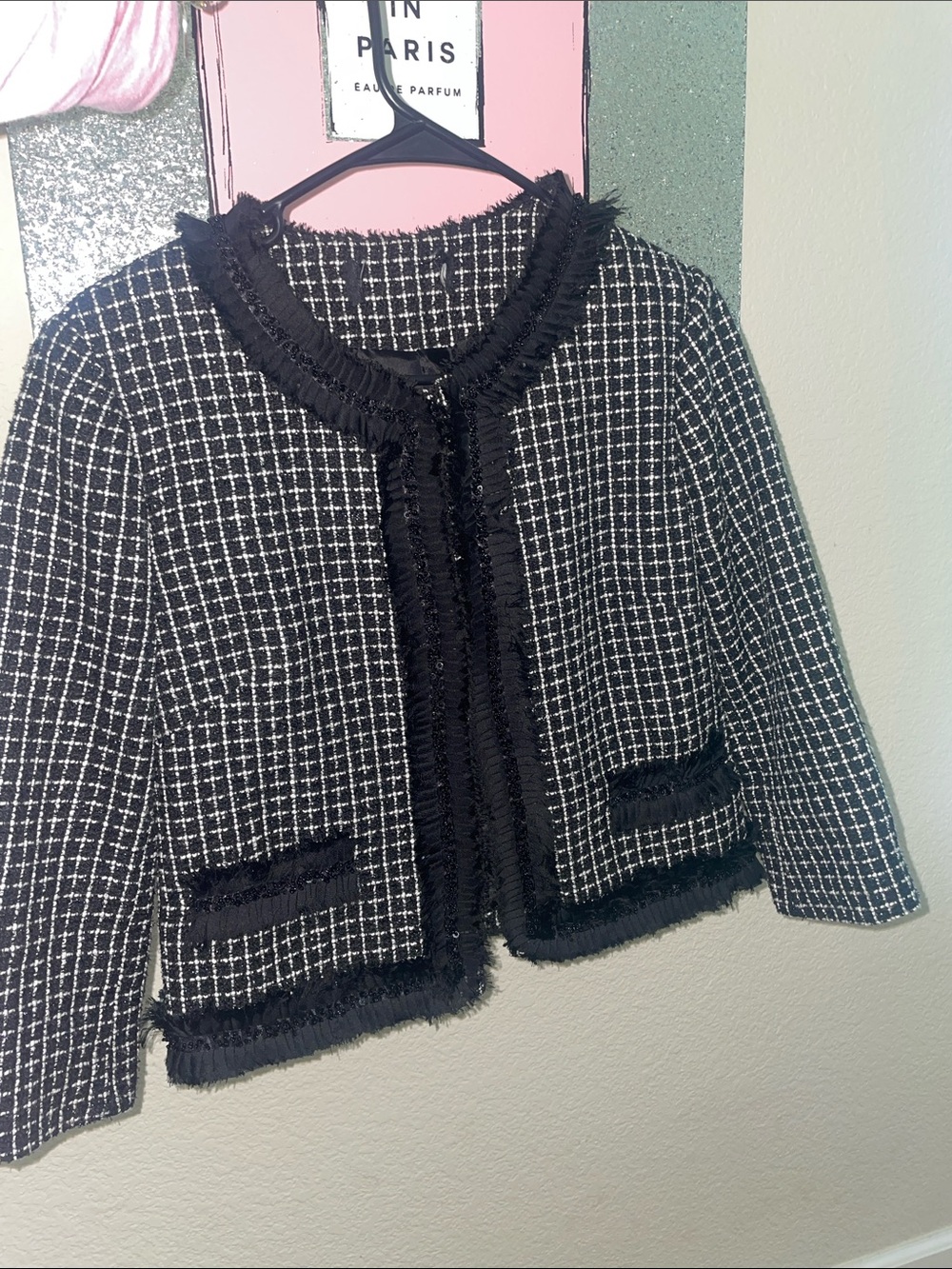 Tweed Jacket Blazer Chanel Style chic CC cropped sequin details